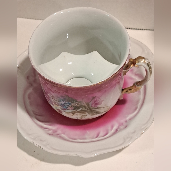 GERMAN ANTIQUE PORCELAIN PINK & GOLD MUSTACHE MUG &SAUCER - Picture 2 of 5